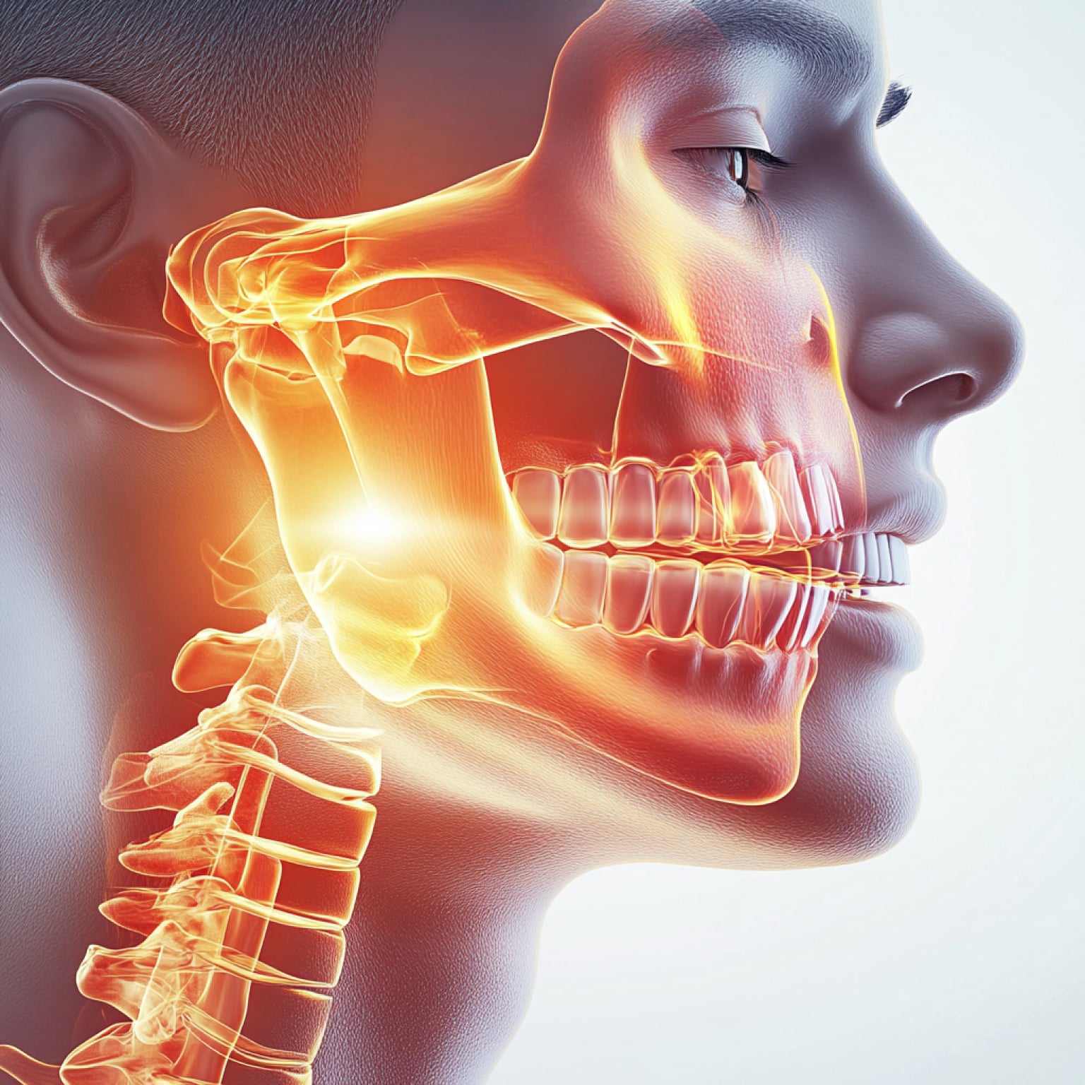 Profile view of a person with a glowing, transparent overlay showing detailed skull and cervical spine anatomy, highlighting bones and teeth.