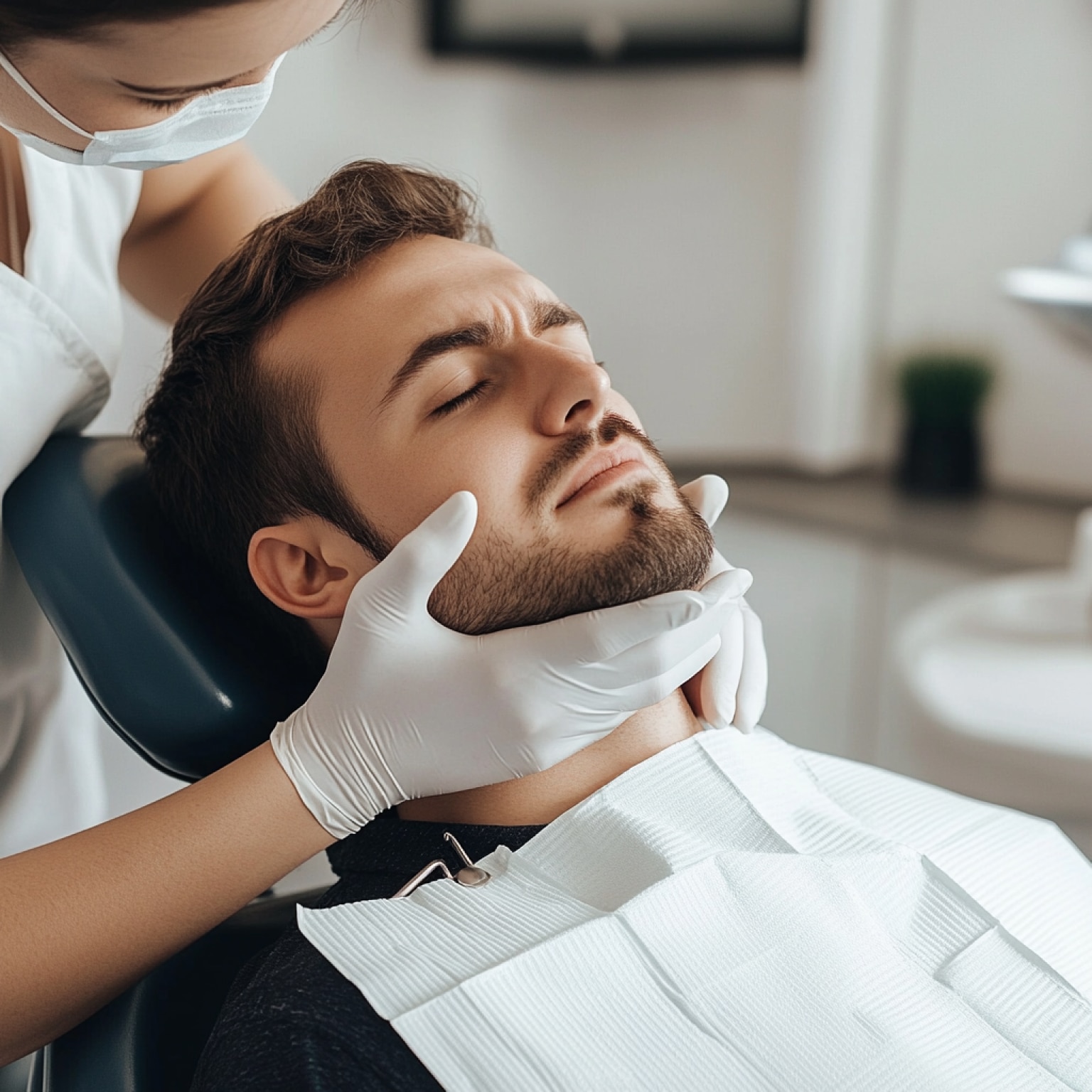 A person in a dental chair receives care from a person wearing gloves and a mask, focusing on oral examination in a clinical setting.