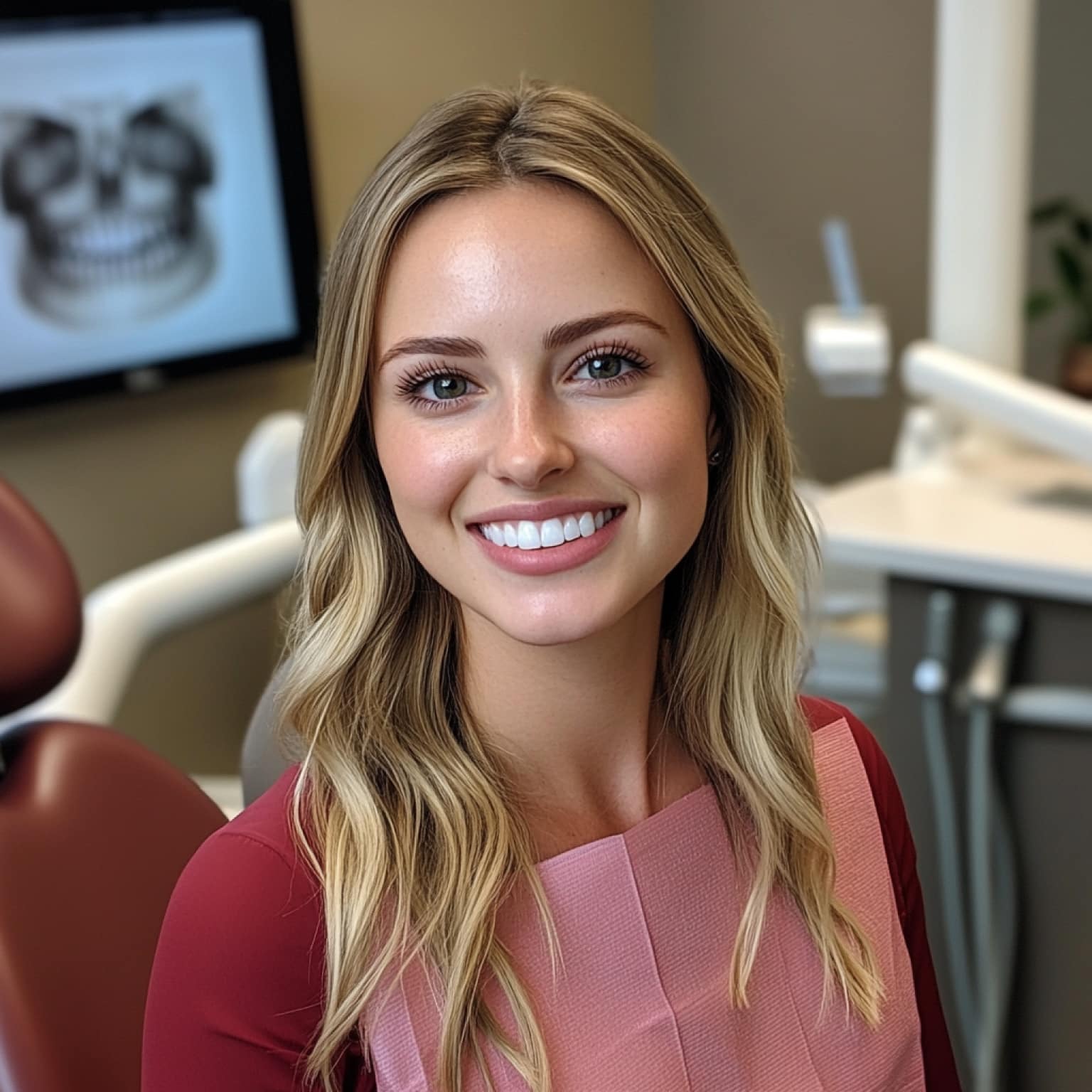 Smiling person in a dental clinic with equipment visible, wearing a bib. Background includes a monitor displaying a dental X-ray.