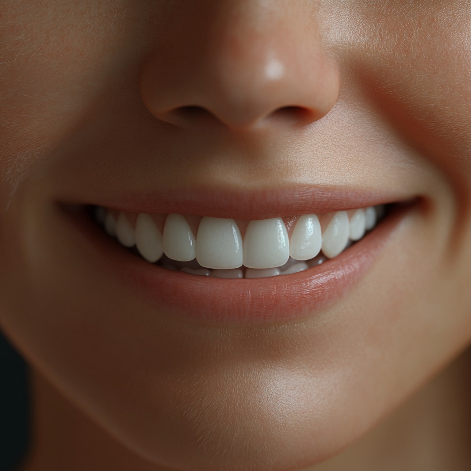 A close-up of a smiling person's mouth with clean, white teeth. The focus is on the lips and teeth, featuring a natural smile.
